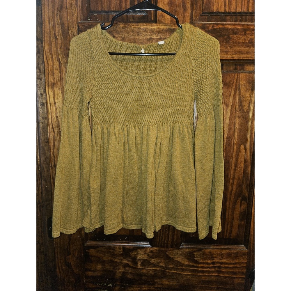 Knitted And Knotted Anthropologie Esme Bell Sleeve Blouse Mustard Yellow XS